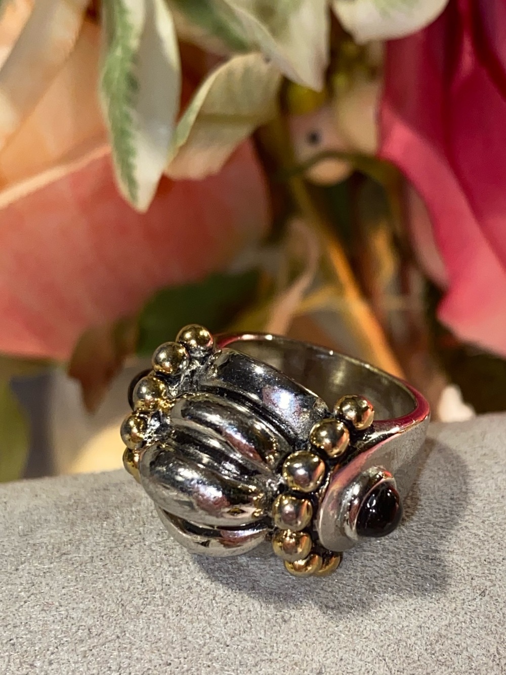 Statement Two-Tone Silver and Gold Dome Ring with Black Stone